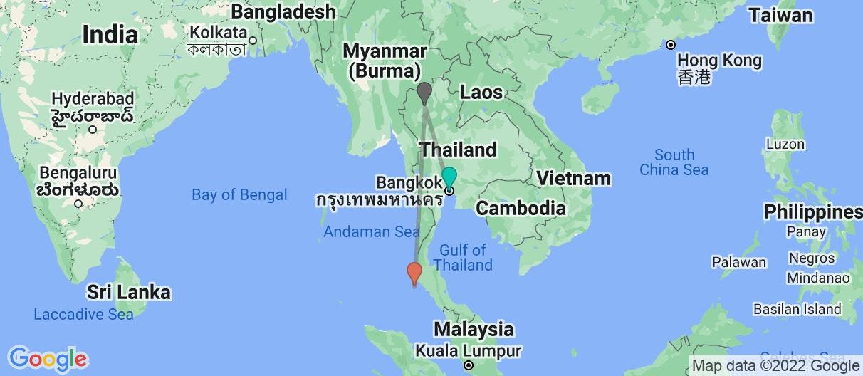 Map with itinerary in Thailand