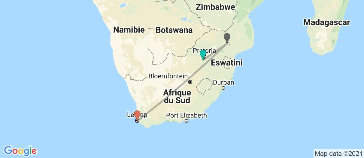 Carte avec l'itinéraire en/aux Afrique du Sud