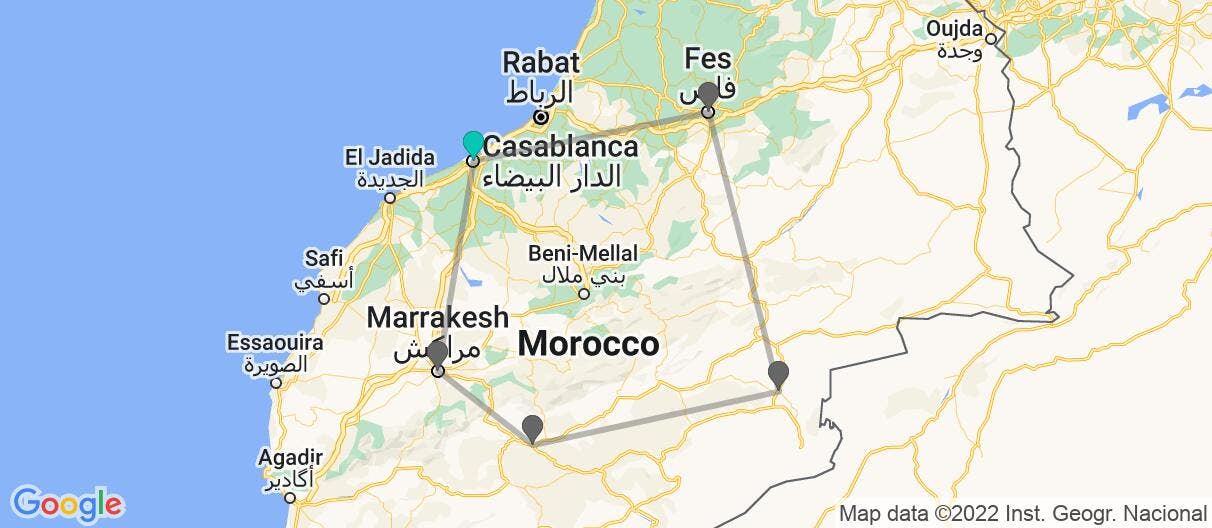 Map with itinerary in Morocco