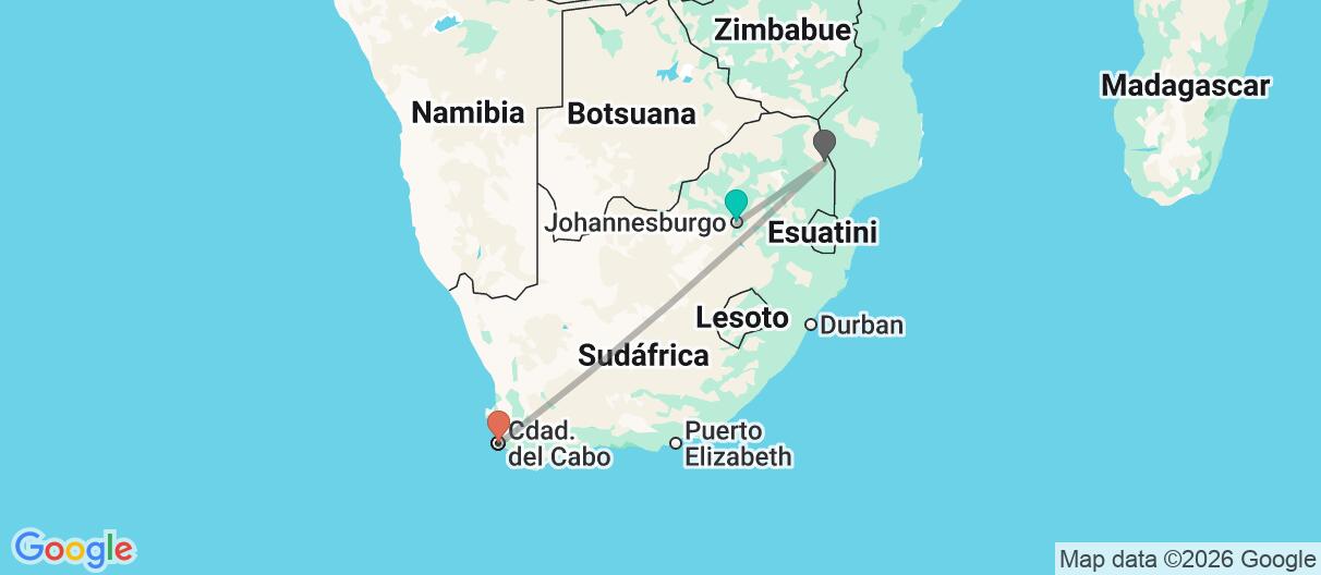 Mapa con el itinerario en Sudáfrica