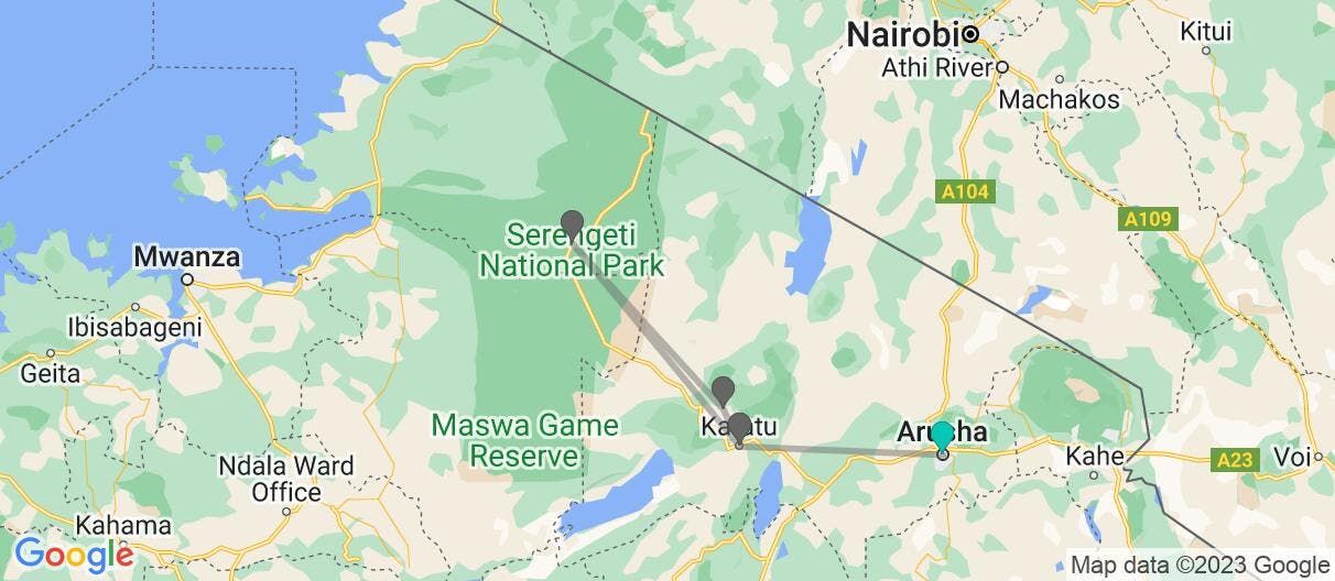 Mapa con el itinerario en Tanzania