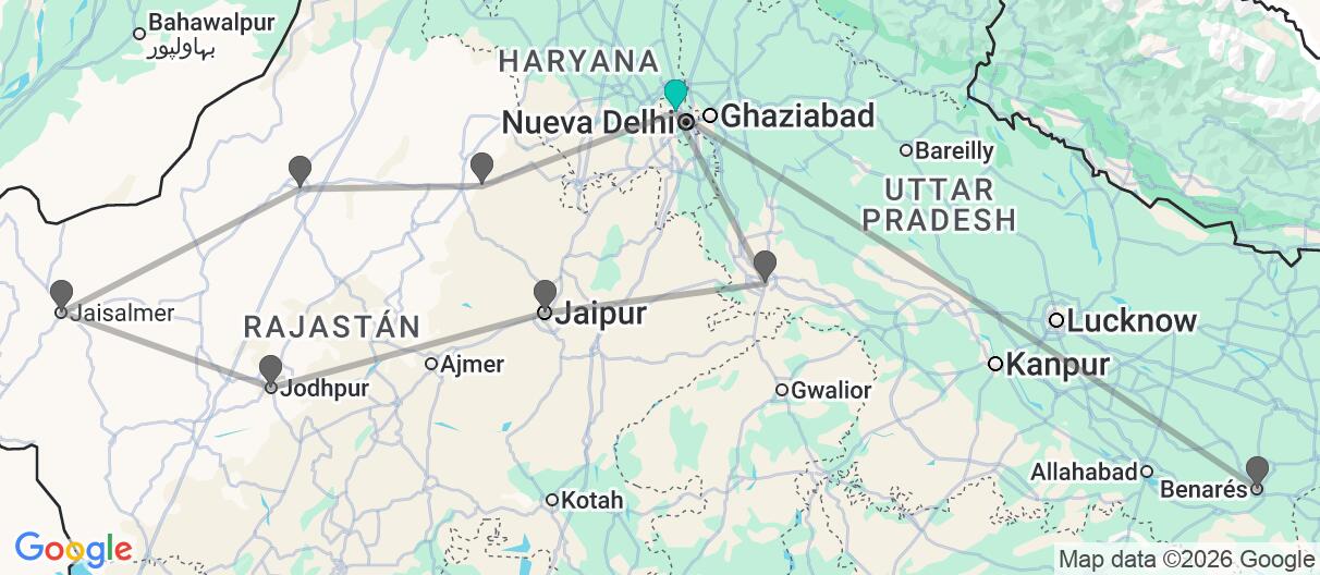 Mapa con el itinerario en India