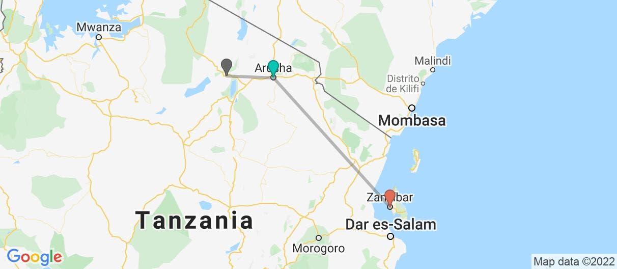 Mapa con el itinerario en Tanzania