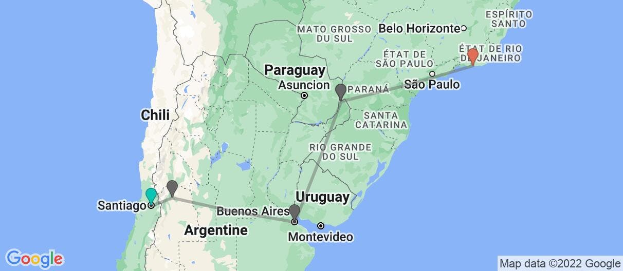 Carte avec l'itinéraire en/aux Chili, Argentine et Brésil
