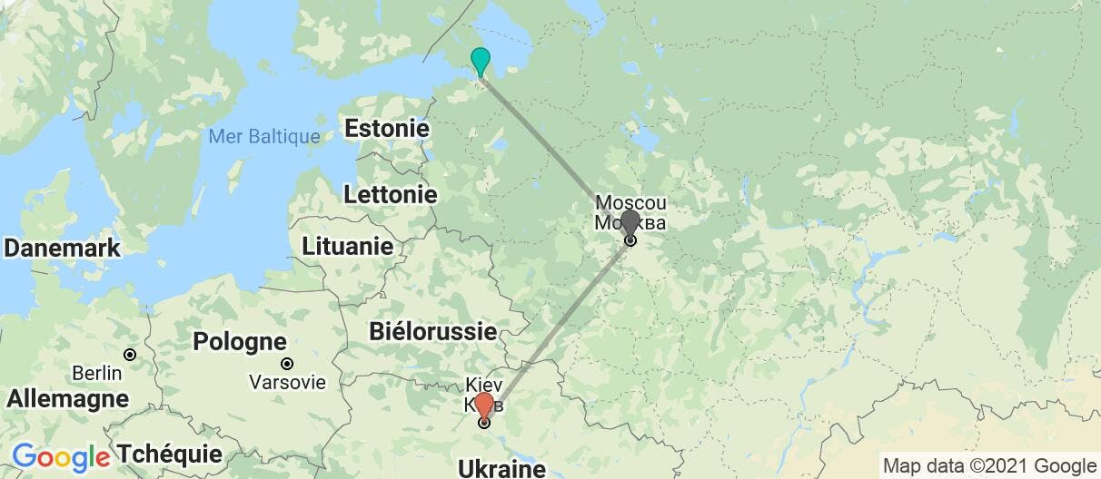 Carte avec l'itinéraire en/aux Russie et Ukraine