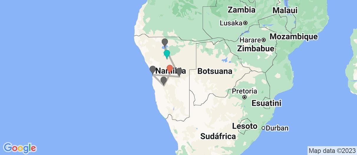 Mapa con el itinerario en Namibia