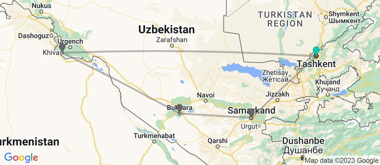 Map with itinerary in Uzbekistan