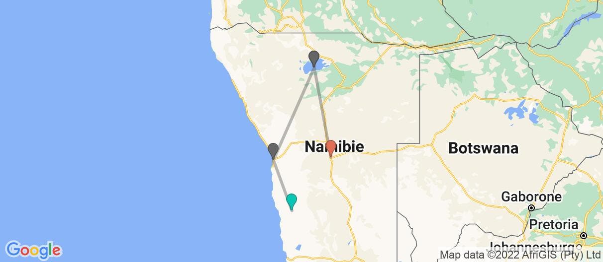 Carte avec l'itinéraire en/aux Namibie