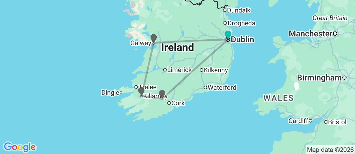 Map with itinerary in Ireland