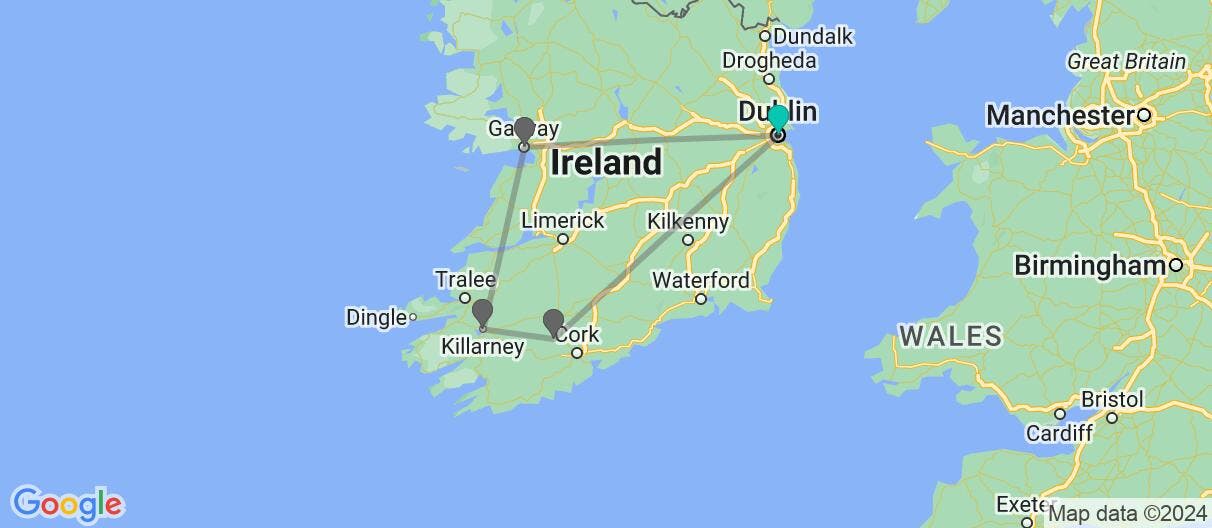 Map with itinerary in Ireland