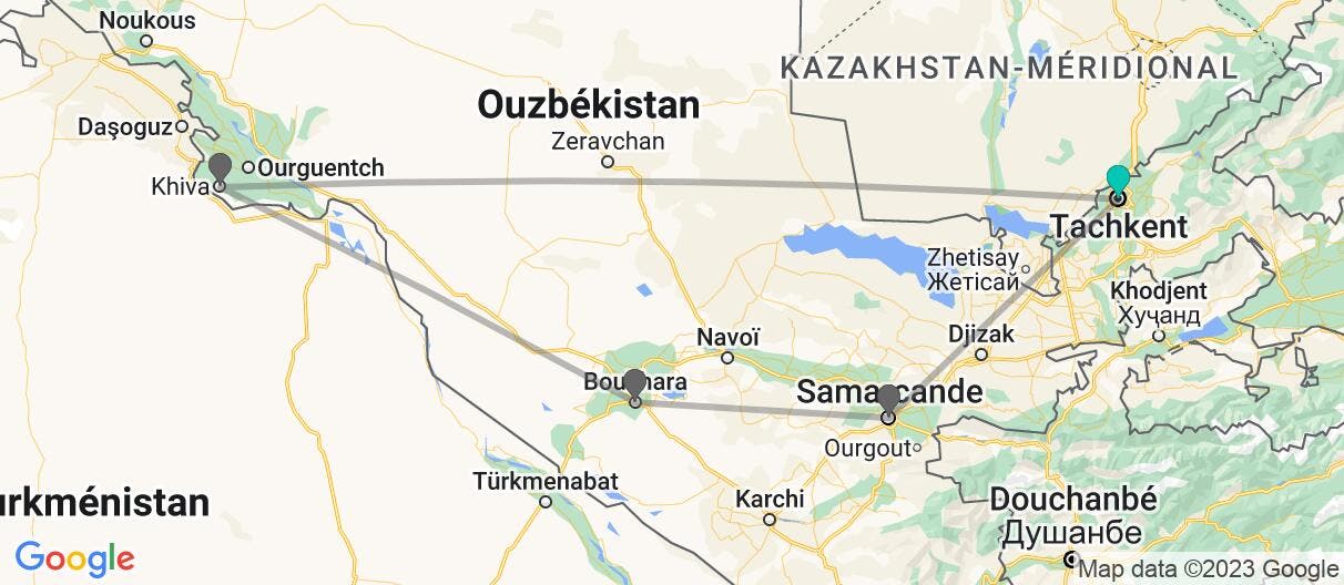 Carte avec l'itinéraire en/aux Ouzbékistan