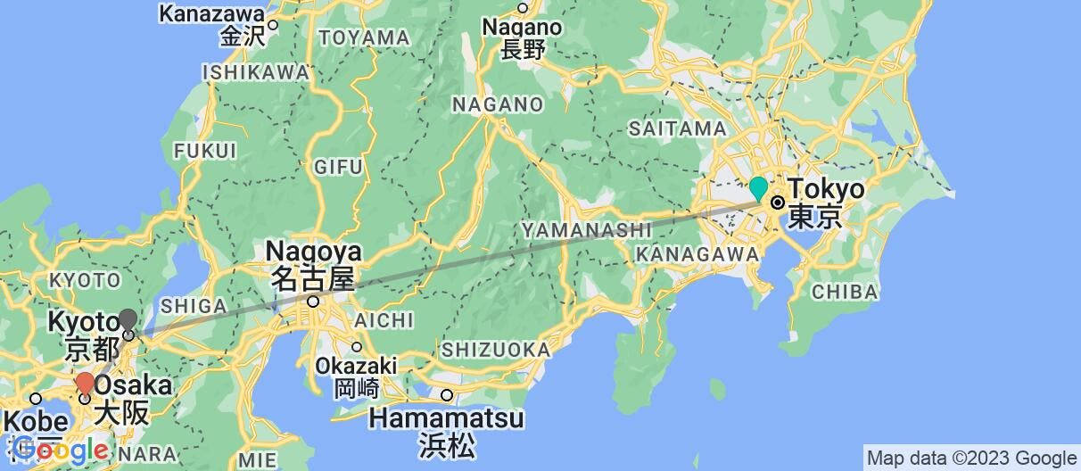 Map with itinerary in Japan