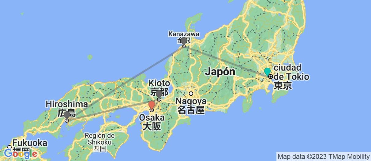 Mapa con el itinerario en Japón