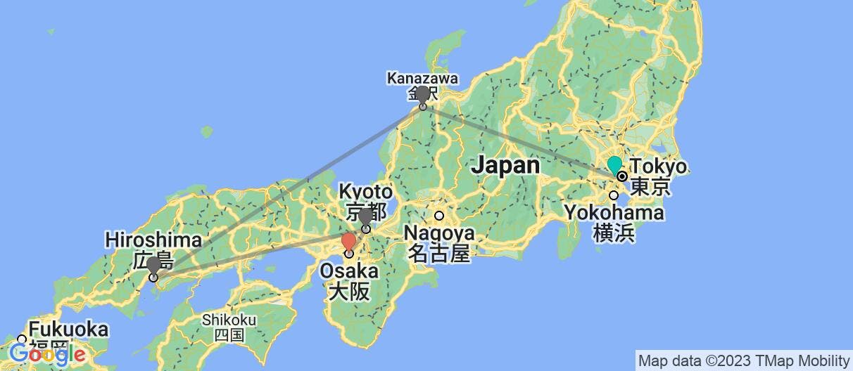 Map with itinerary in Japan