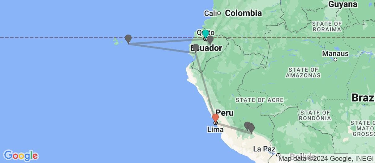 Map with itinerary in Ecuador & Peru