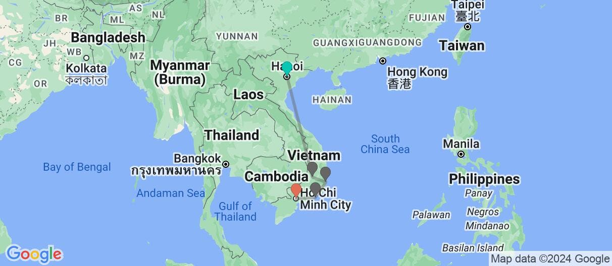 Map with itinerary in Vietnam