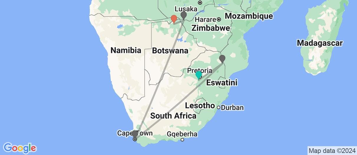 Map with itinerary in South Africa, Zimbabwe & Botswana