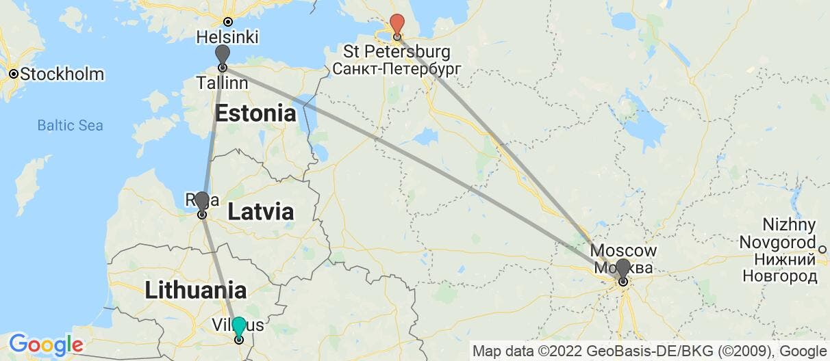 Map with itinerary in Lithuania, Latvia, Estonia & Russia