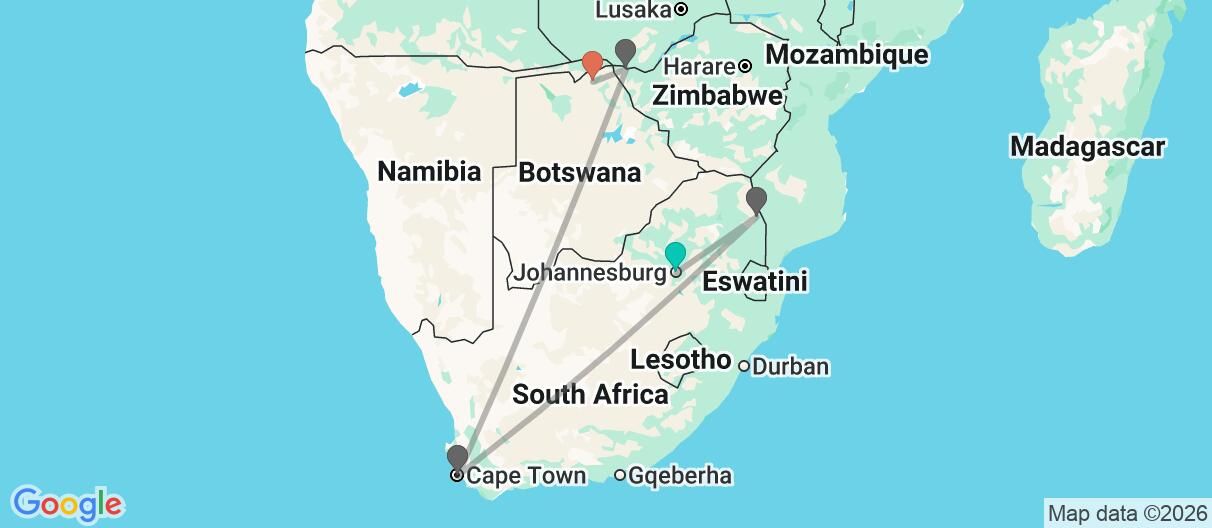 Map with itinerary in South Africa, Zimbabwe & Botswana