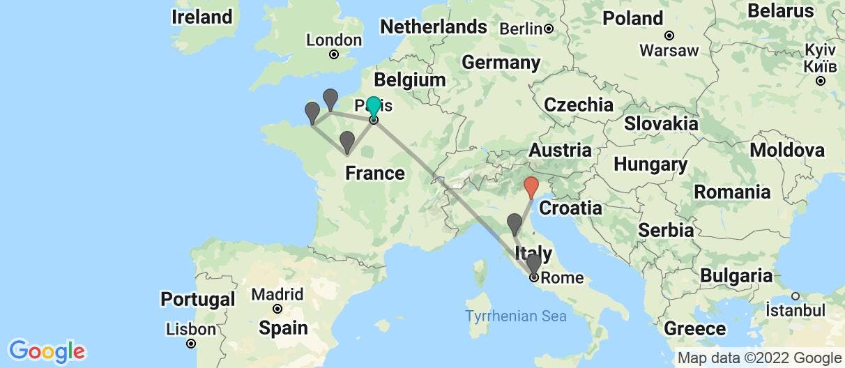 Map with itinerary in France & Italy